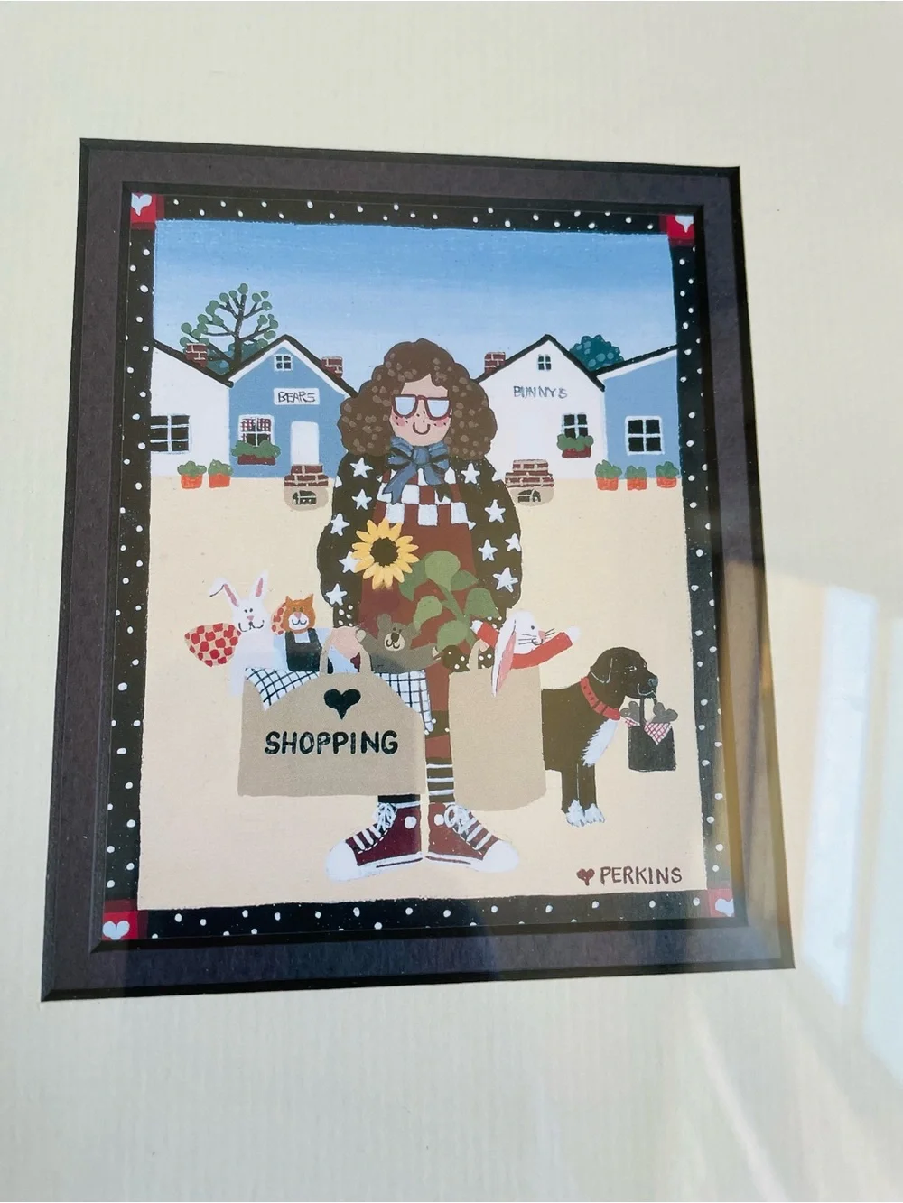 Perkins Shopping Primitive Folk Art Print Red Wood Framed 11x9